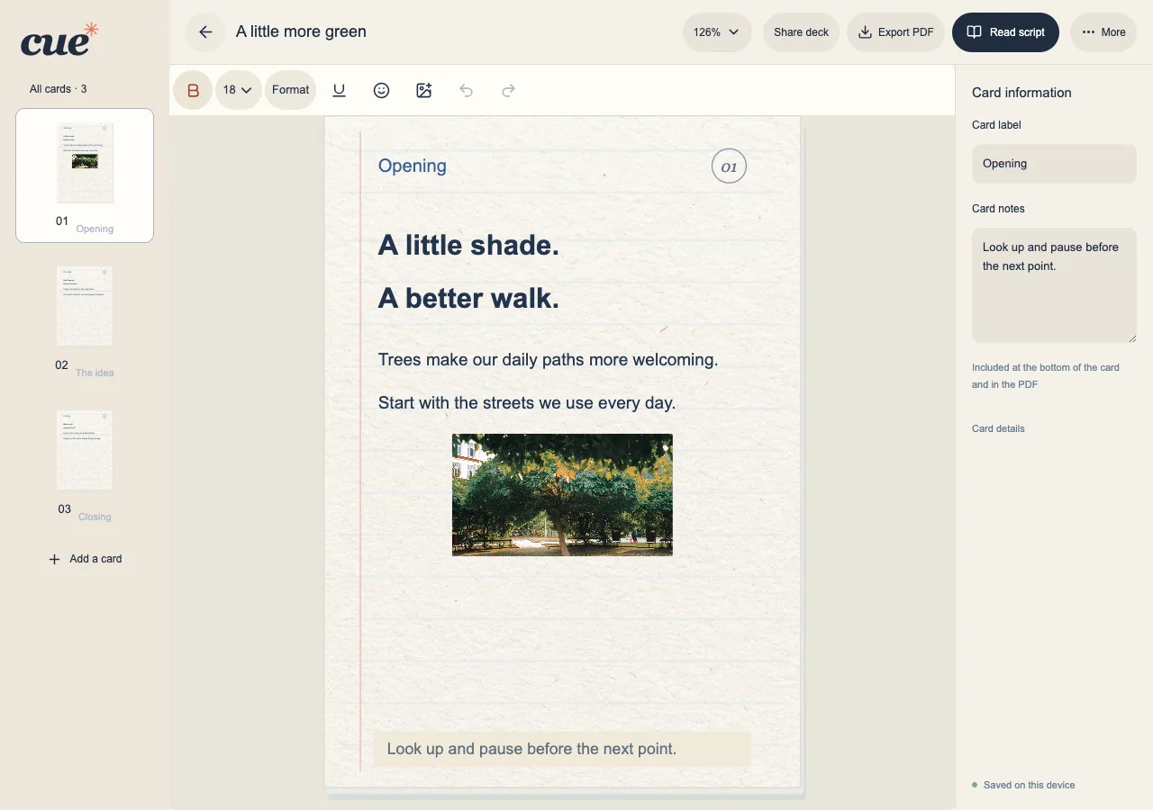 Cue app showing a demonstration manuscript and its cards