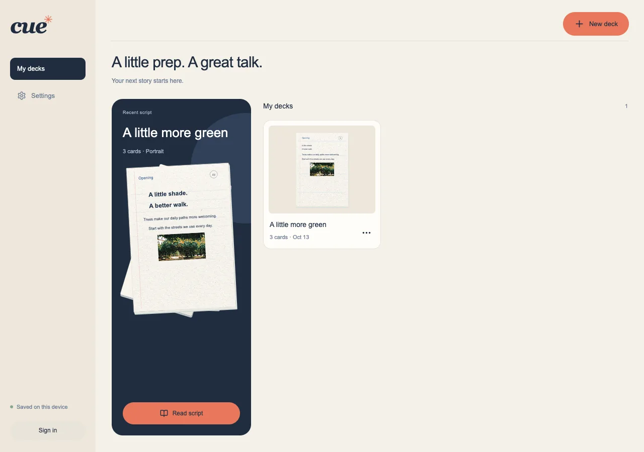 Cue app showing a demonstration manuscript and its cards