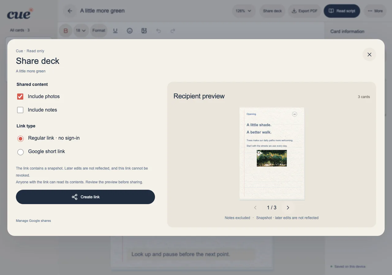 Cue app showing a demonstration manuscript and its cards